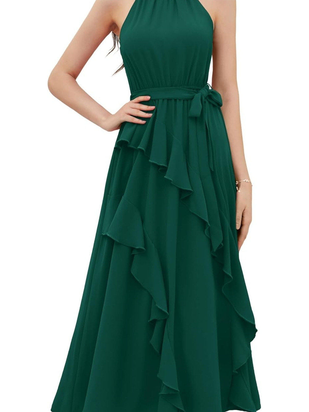 Women's 2024 Summer Sleeveless Halter Neck Ruffle Hem Split Flowy Swing Long Mid